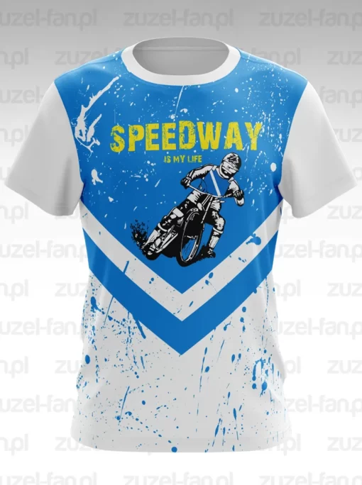 Koszulka zuzlowa speedway is my life. Przed z niebieskim wzorem, biale rekawy.
